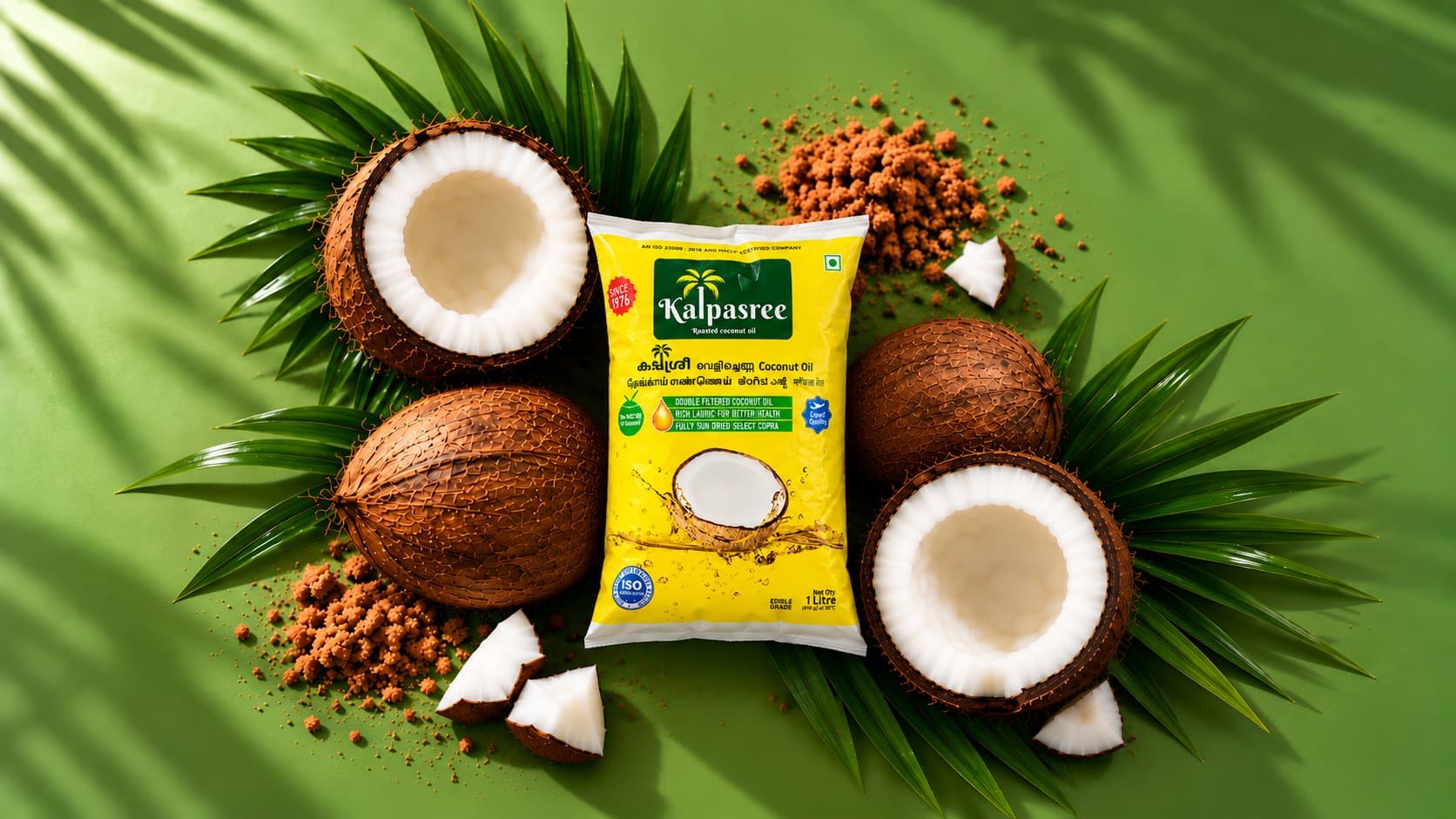 A 1 litre Kalpasree coconut oil pouch surrounded by cracked coconuts, palm leaves and jaggery on a green background